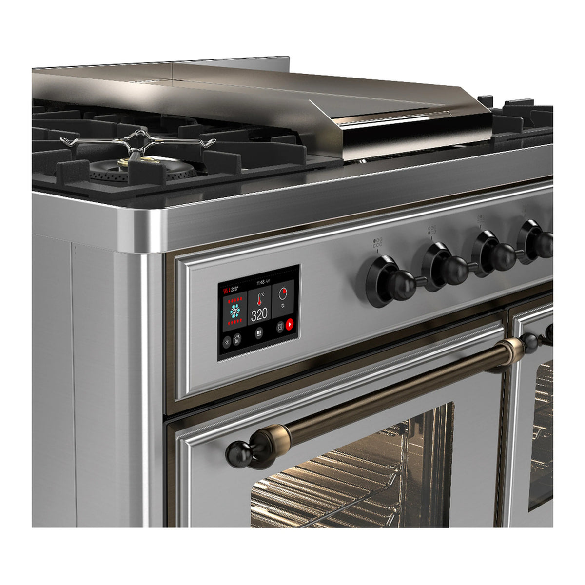 Stainless steel dual fuel range with control panel, knobs, and burner grates over griddle