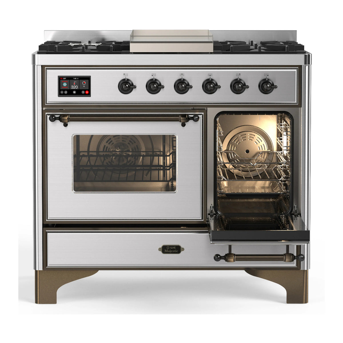 Stainless steel dual fuel range with one oven door closed and other oven open