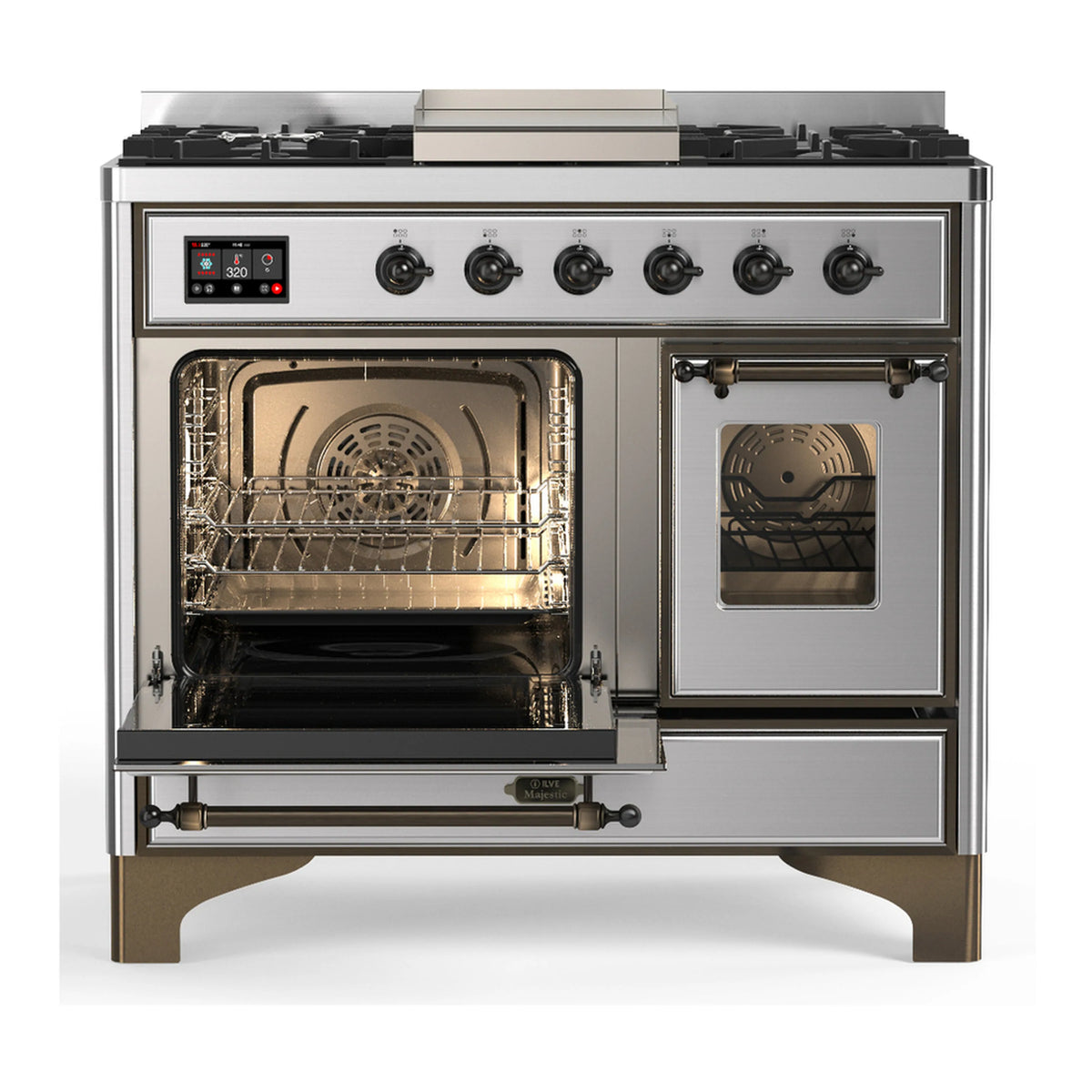 Stainless steel dual fuel range with left oven open and right oven door closed