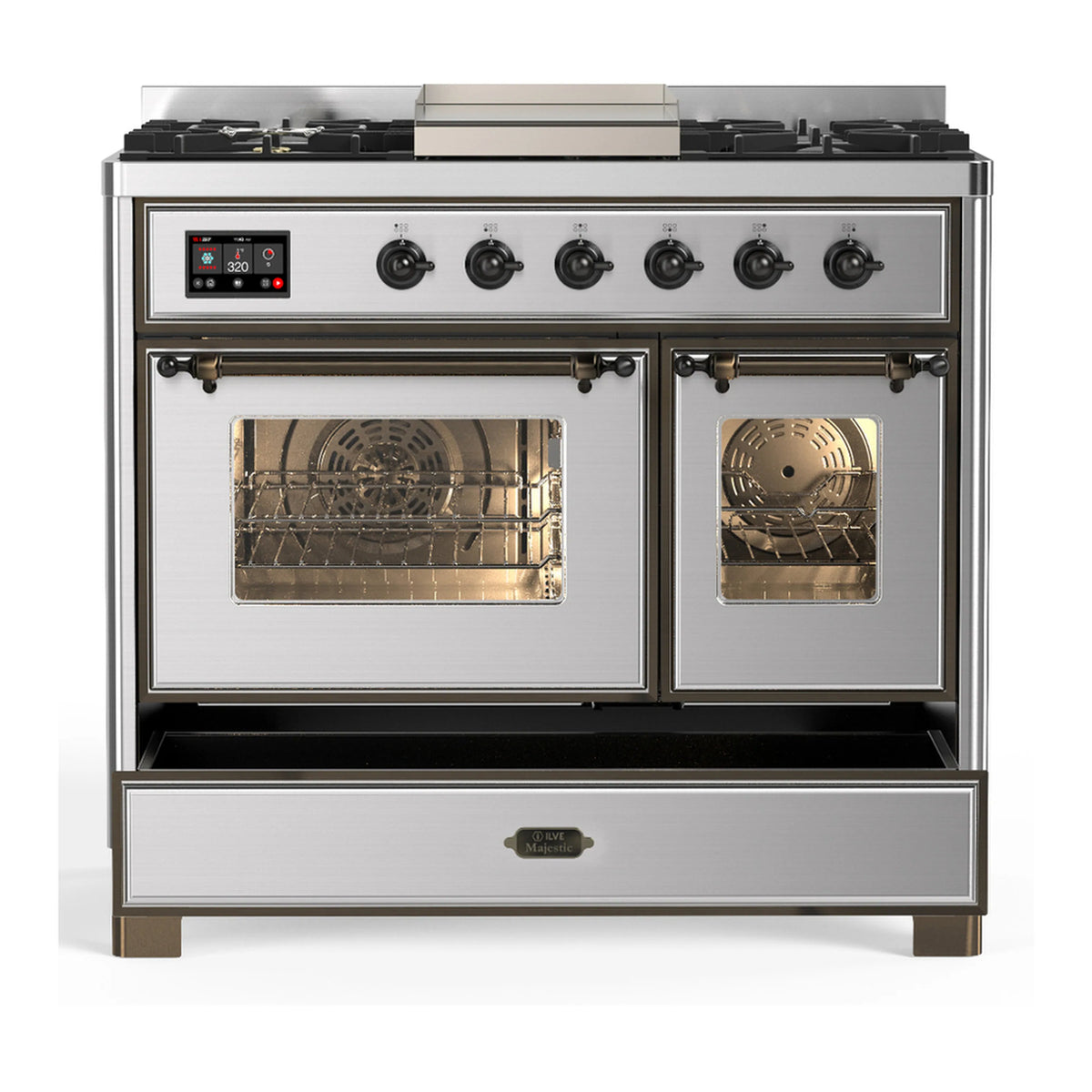 Stainless steel dual fuel range with both ovens open, racks visible and broiler control