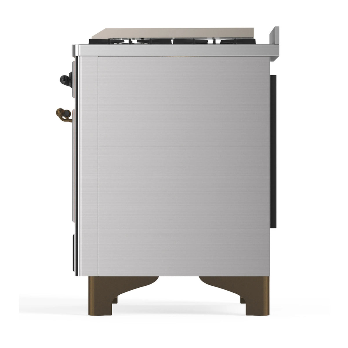 Stainless steel back panel of dual fuel range with side controls and vent openings