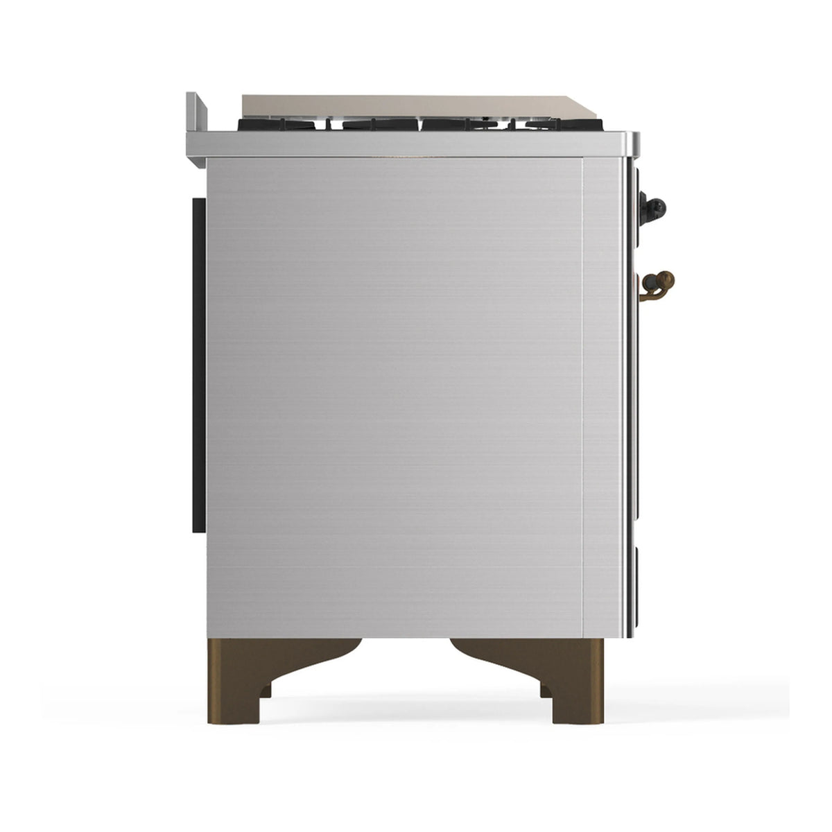 Stainless steel side of dual fuel range with control knobs and vented panels