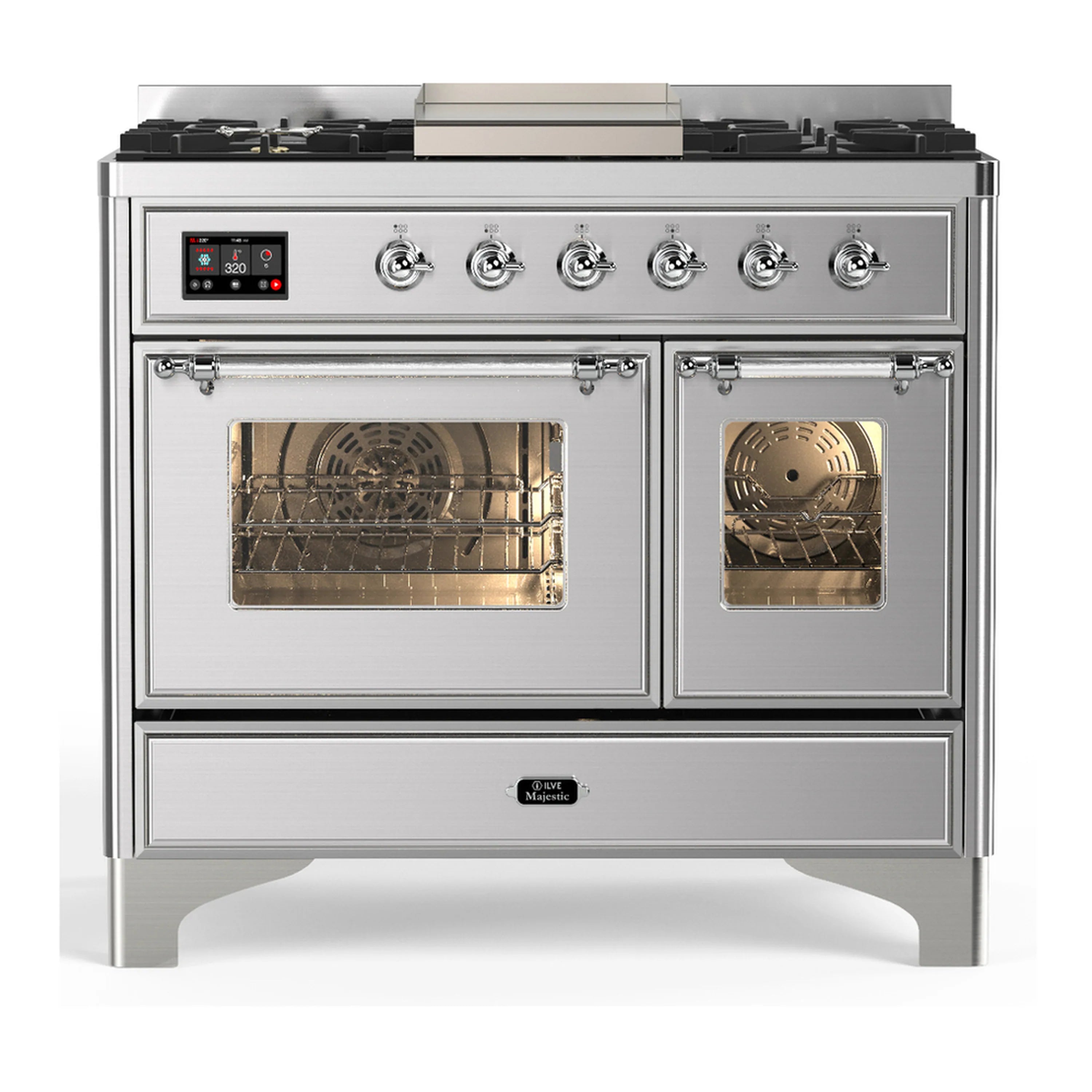 Stainless steel dual fuel range with closed oven doors and front control knobs