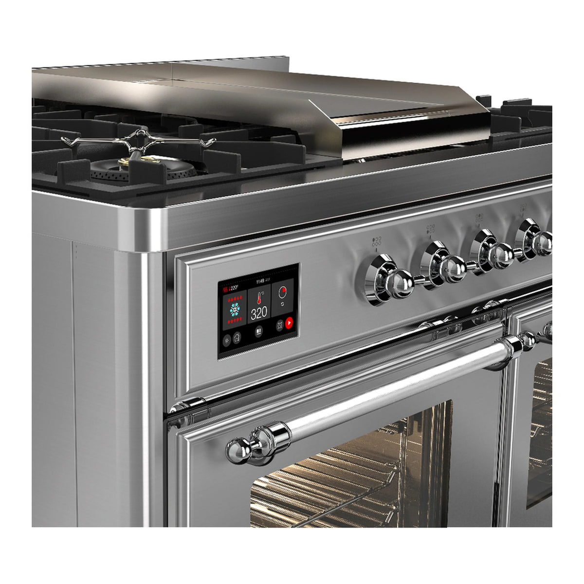 Stainless steel dual fuel range with control panel, knobs, and chrome oven handle