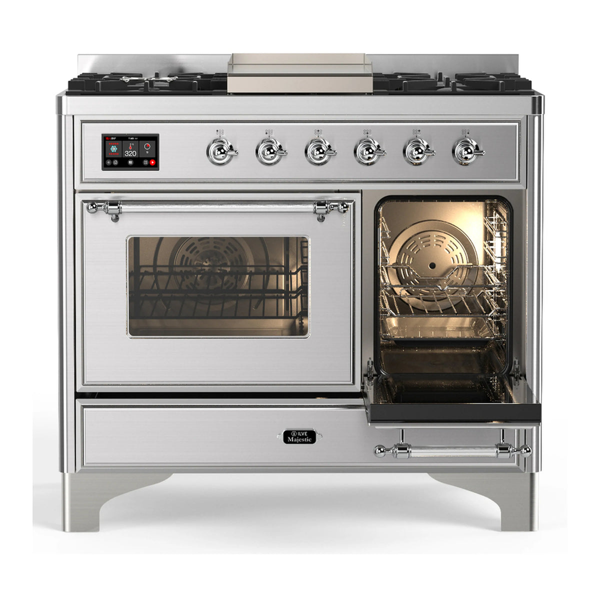 Stainless steel dual fuel range with open oven door showing racks through glass