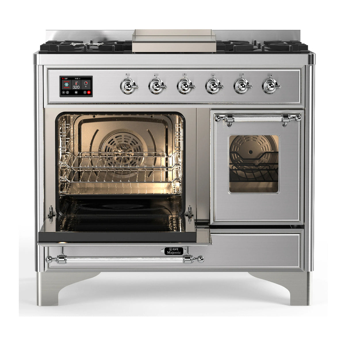 Stainless steel dual fuel range with open ovens, racks, and chrome-trimmed doors