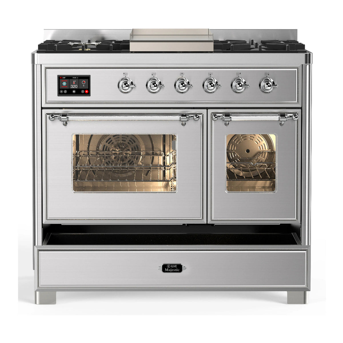 Stainless steel dual fuel range with two oven doors and glass viewing windows