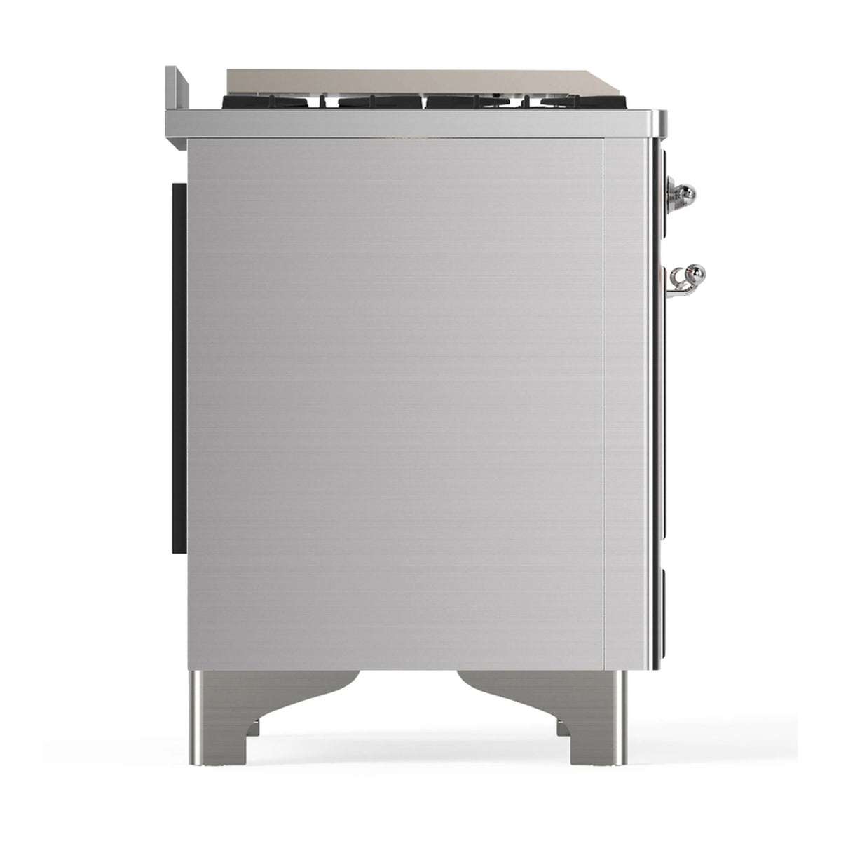Brushed stainless steel dual fuel range side panel with handle and end controls