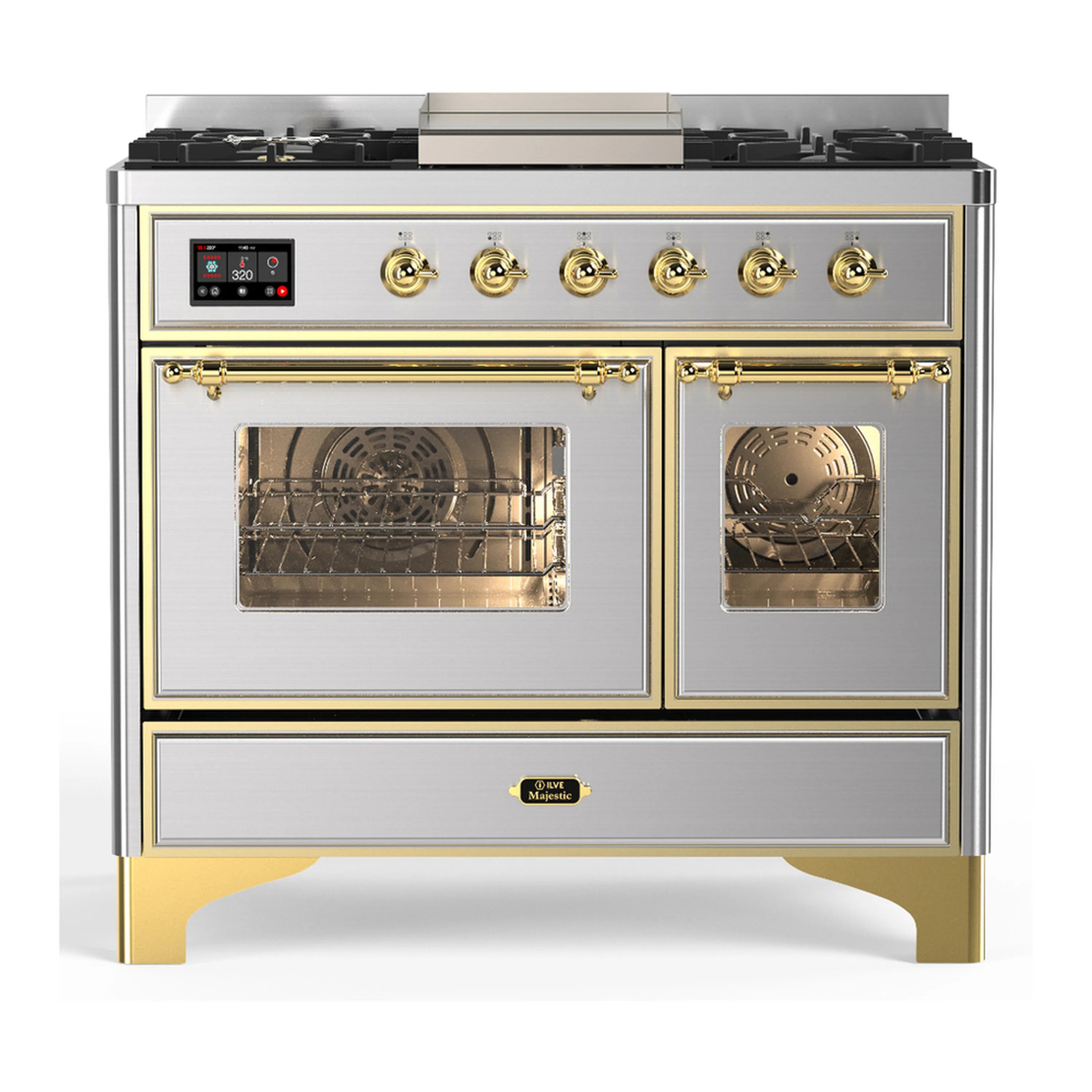 Stainless dual fuel range front view with brass-trim oven doors and burner control knobs