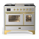 ILVE Majestic III 40-inch Dual Fuel Range with 6 Natural Gas Burner, Griddle and Triple Glass Door Electric Oven in Stainless Steel with Brass Trim (UMD40FNR3SSG)