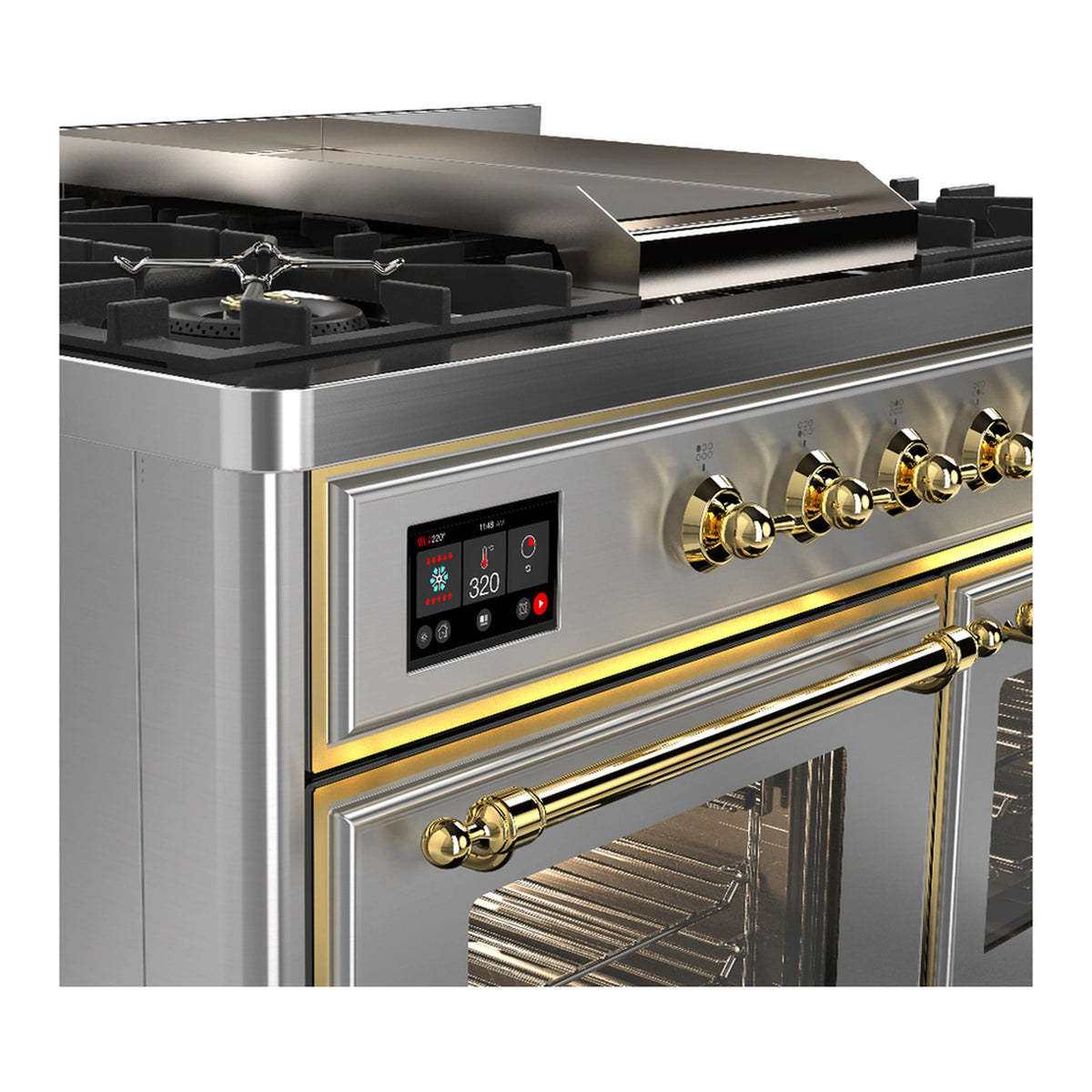 Close-up of stainless range control panel with brass knobs and griddle above