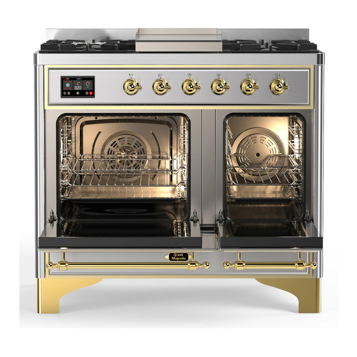 Stainless dual fuel range with brass-trimmed oven doors and visible upper control panel