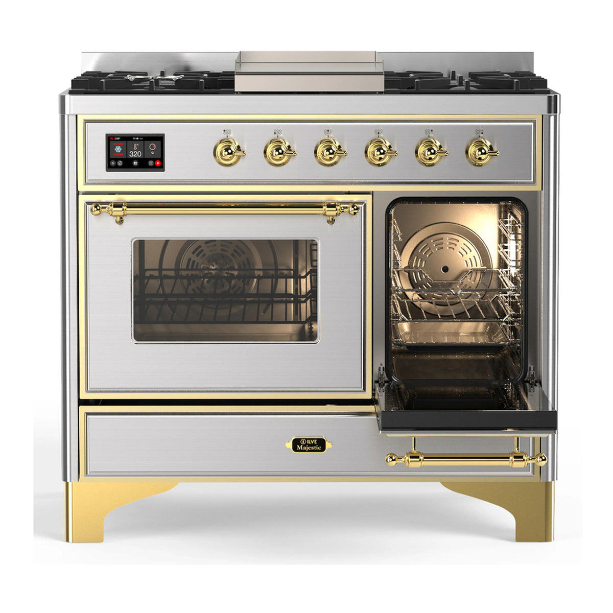Stainless dual fuel range with one oven door open and brass trim around controls