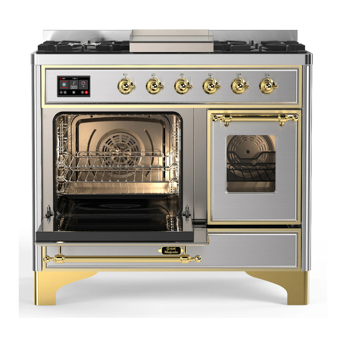 Stainless dual fuel range with both oven doors open, brass handle details and control panel