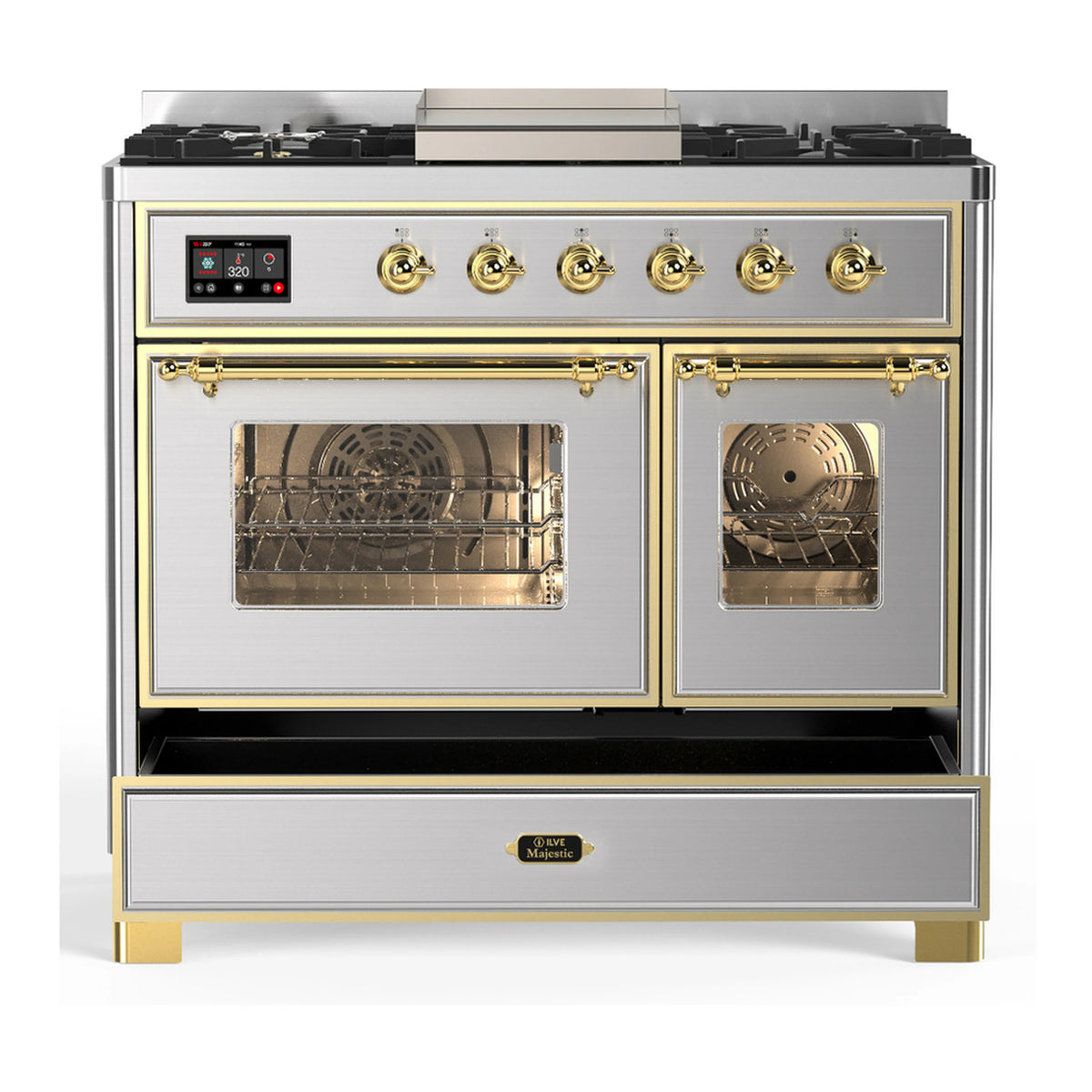Stainless dual fuel range with two oven doors open, brass trim and burner knobs