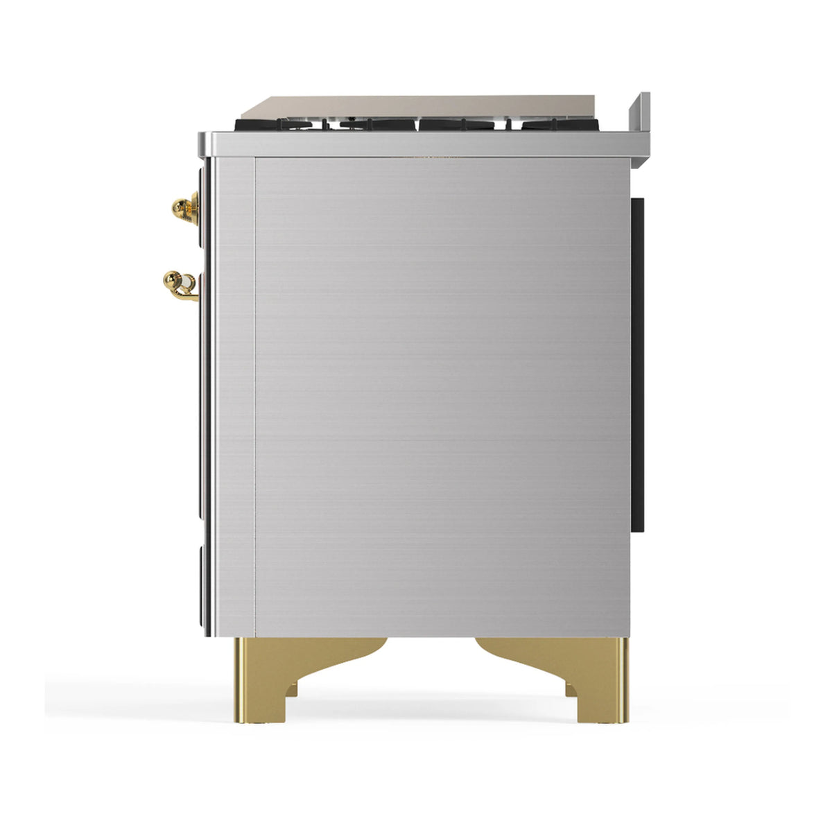 Side view of stainless dual fuel range with brass trim feet and side panel details