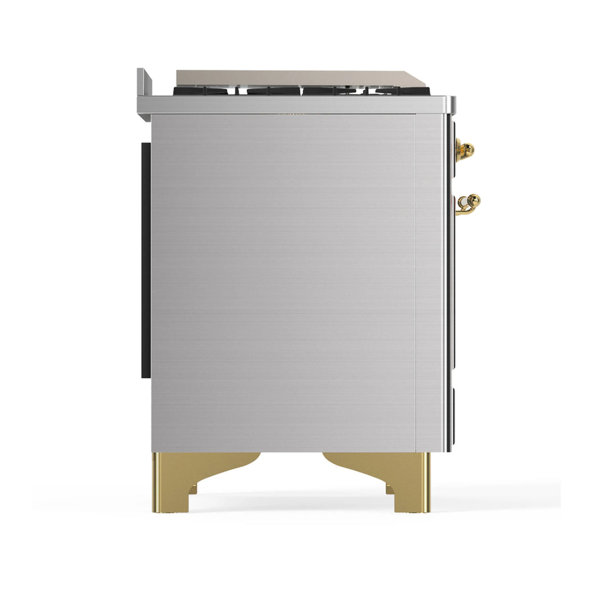Alternate side view of stainless dual fuel range with brass trim and control-side panel