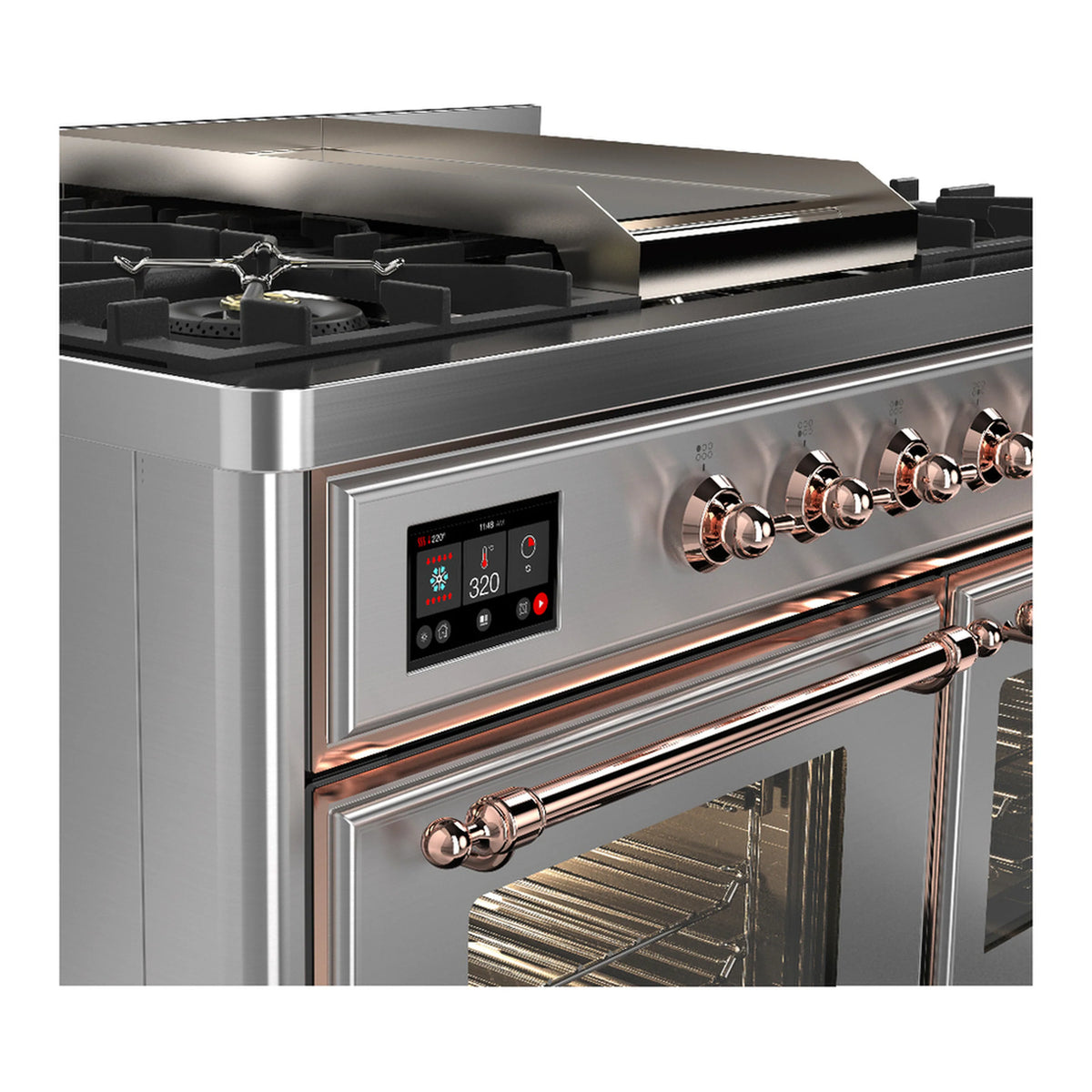 Dual fuel range control panel with copper knobs and stainless oven door handle