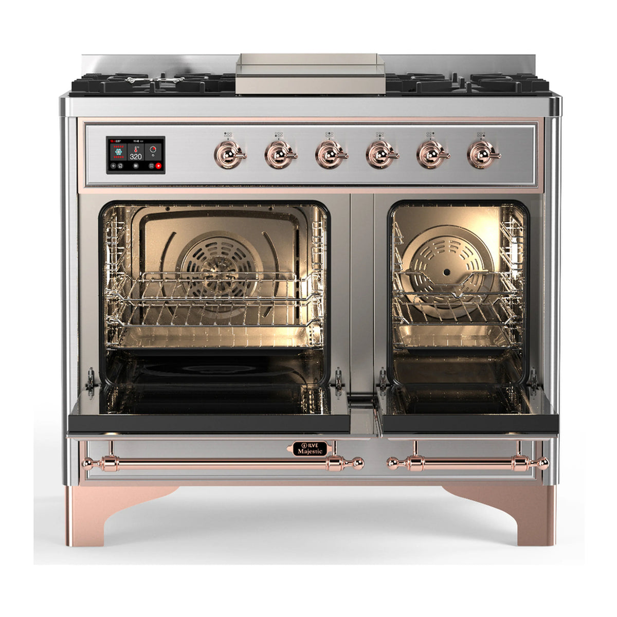 Stainless dual fuel range with both oven doors open, showing racks and interior lights