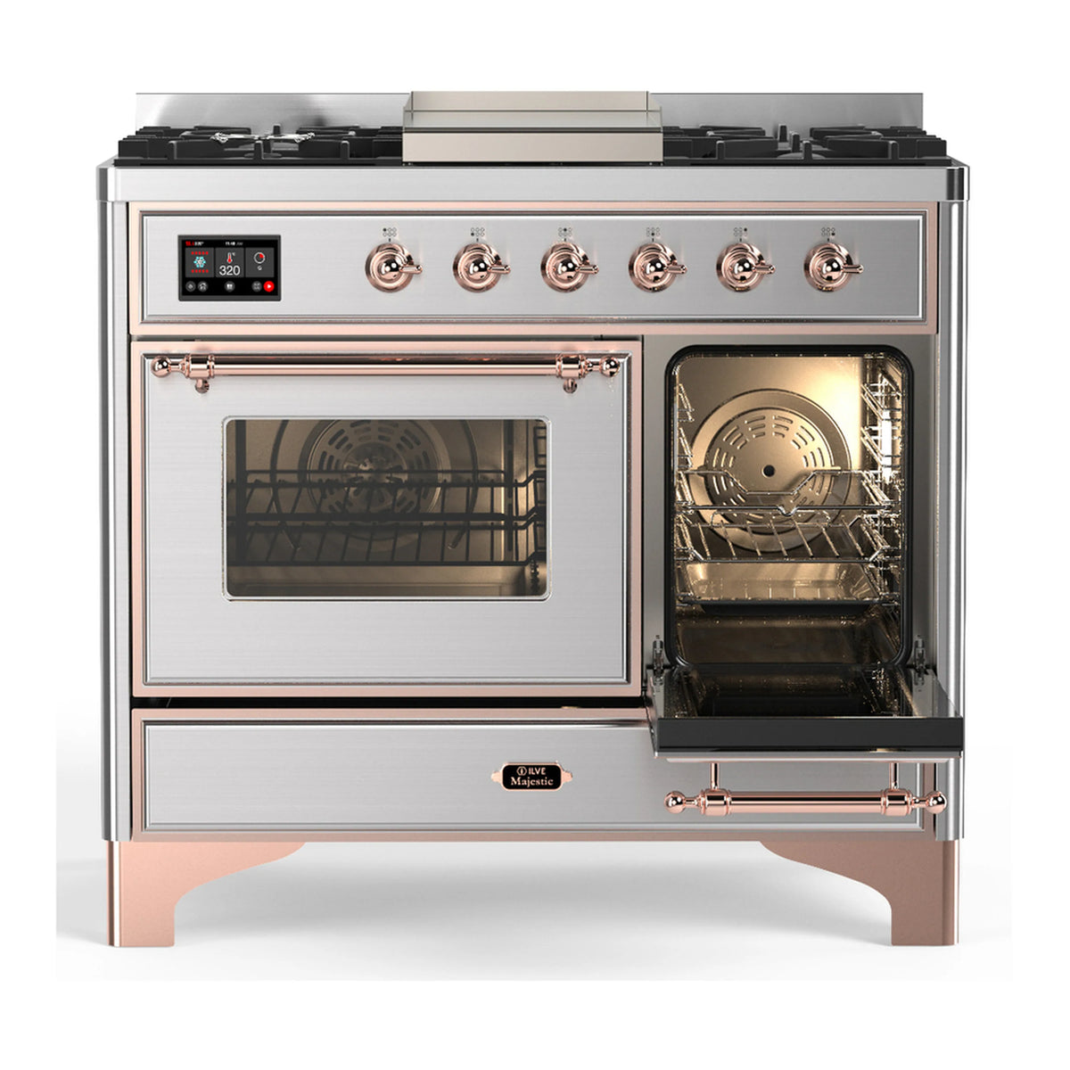 Dual fuel range front with one oven door closed and the other open, visible racks
