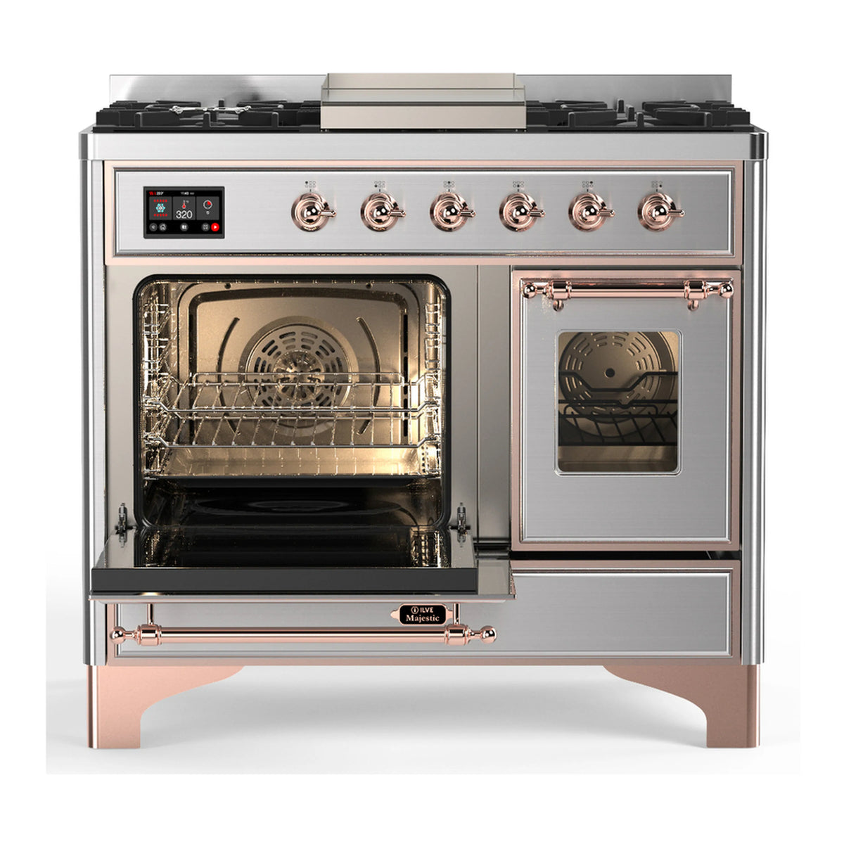Dual fuel range with both oven doors open, showing oven racks and copper handle trim