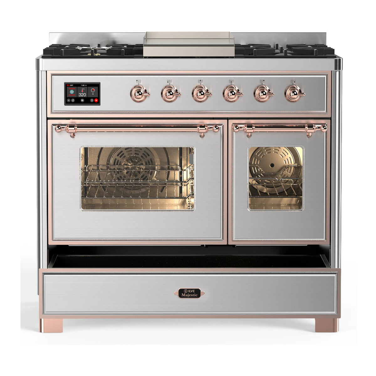 Stainless dual fuel range with open oven doors and lower storage drawer panel