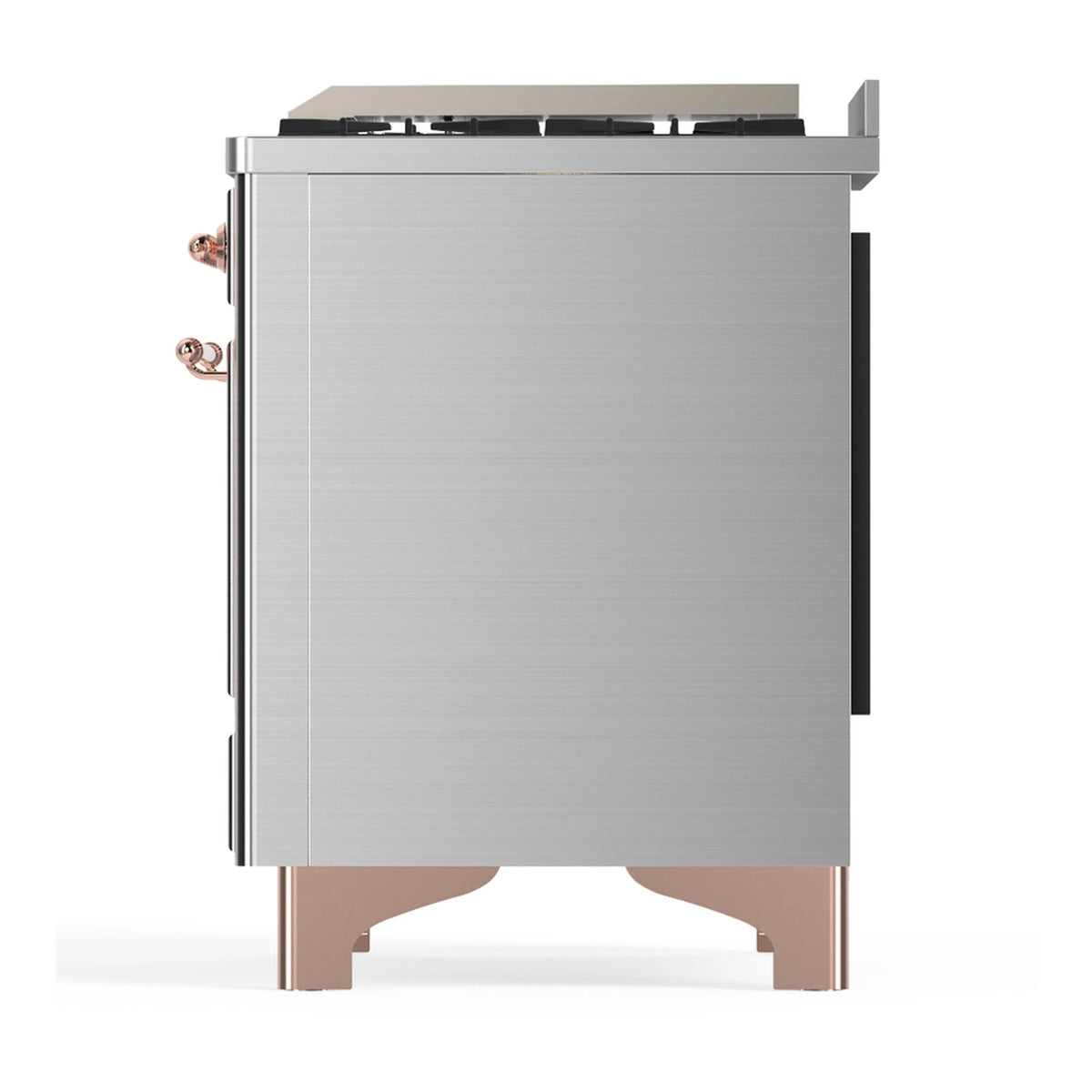 Stainless steel dual fuel range side panel with copper corner feet