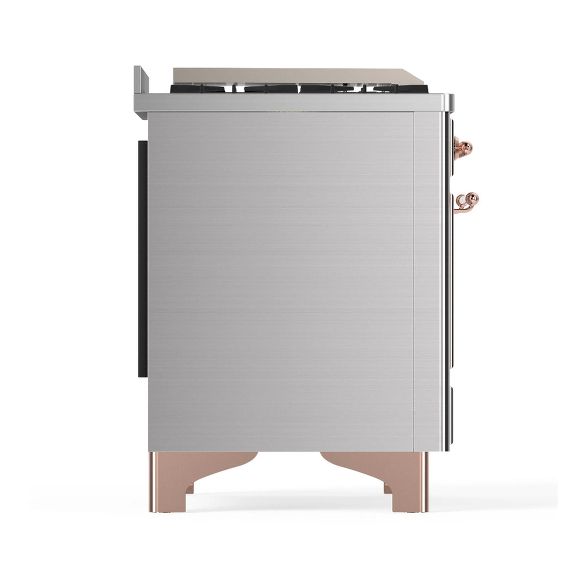 Stainless steel dual fuel range rear-side view with copper handle and trim