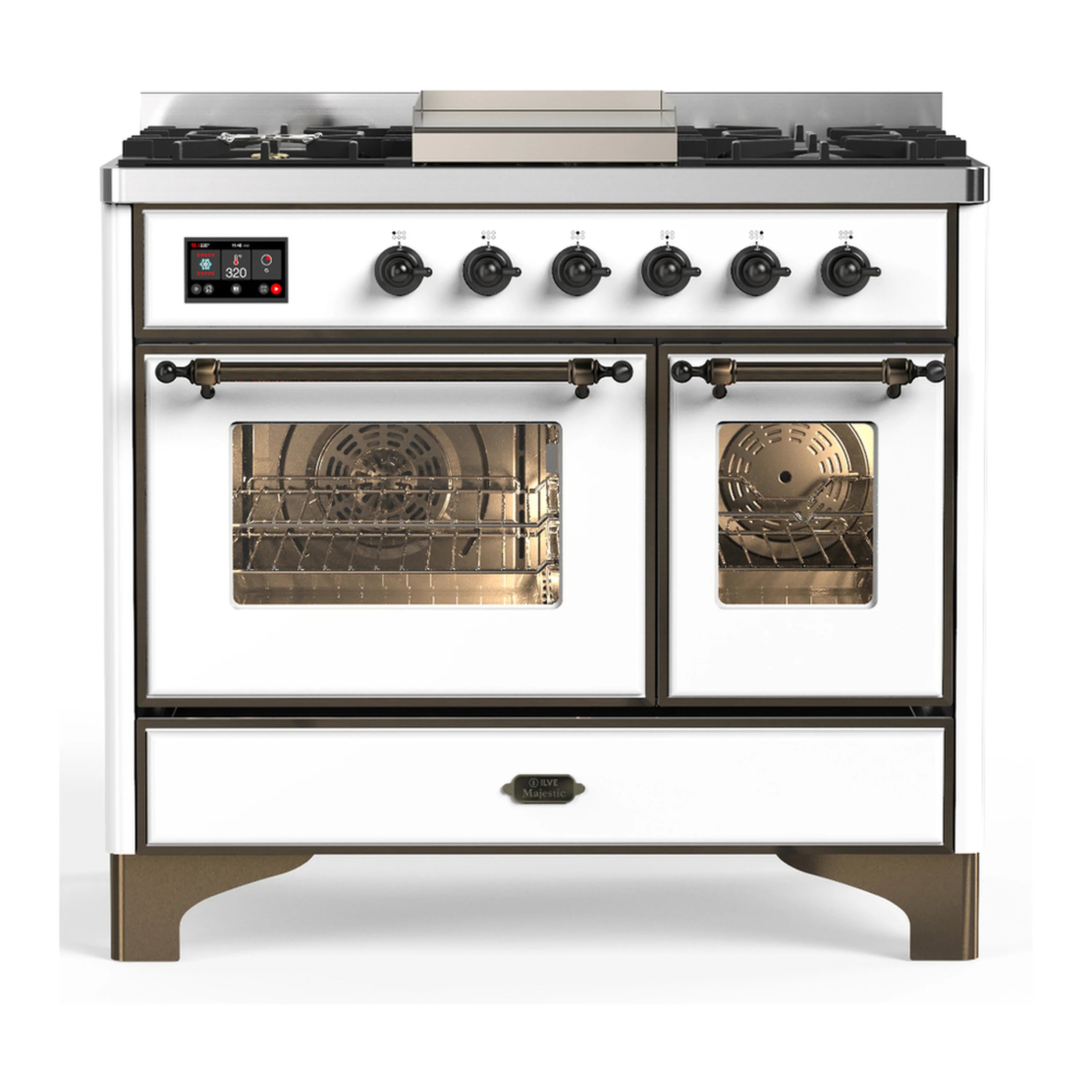 White dual fuel range front view with open ovens, visible racks, and control panel above
