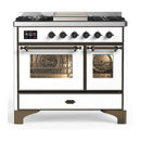 ILVE Majestic III 40-inch Dual Fuel Range with 6 Natural Gas Burner, Griddle and Triple Glass Door Electric Oven in White with Burnished Trim (UMD40FNR3WHB)