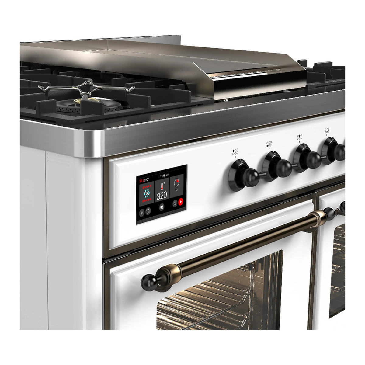 White dual fuel range cooktop with black burner grates, knobs, and control display