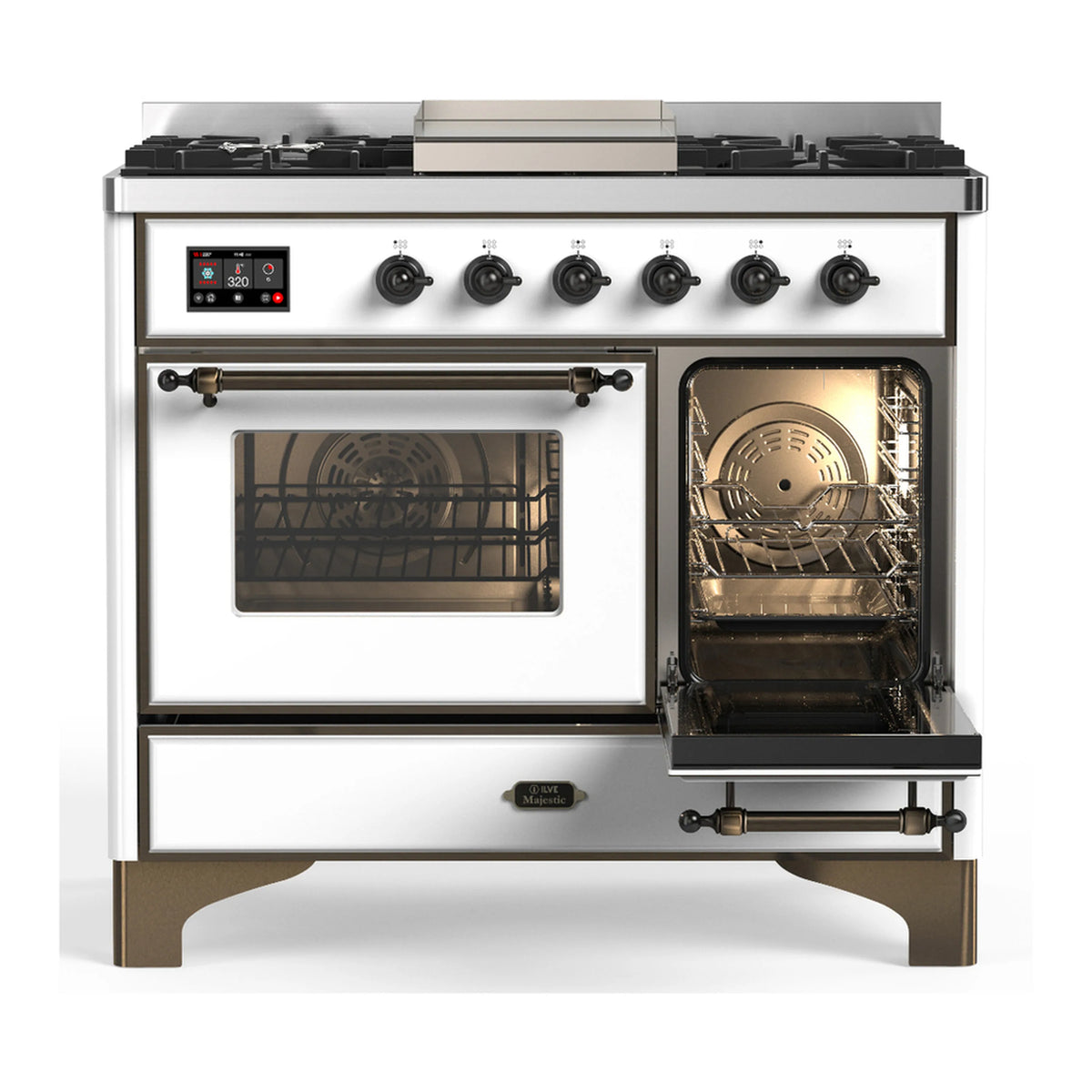 White dual fuel range with open oven doors and visible racks inside both oven compartments