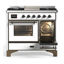 ILVE Majestic III 40-inch Dual Fuel Range with 6 Natural Gas Burner, Griddle and Triple Glass Door Electric Oven in White with Burnished Trim (UMD40FNR3WHB)