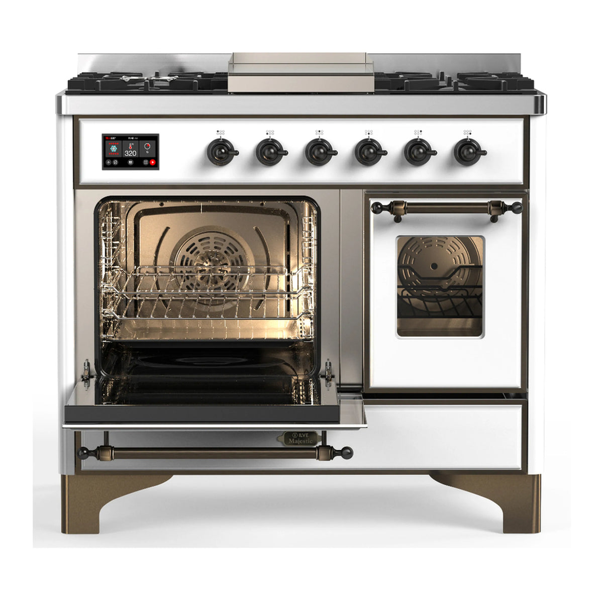 White dual fuel range with left oven door open and right oven door showing interior racks