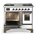 ILVE Majestic III 40-inch Dual Fuel Range with 6 Natural Gas Burner, Griddle and Triple Glass Door Electric Oven in White with Burnished Trim (UMD40FNR3WHB)