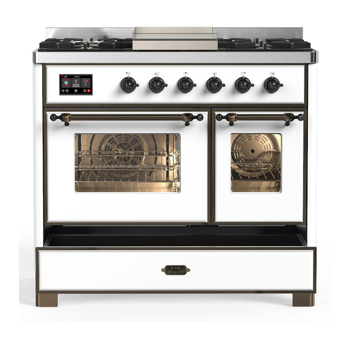White dual fuel range with both oven doors open, racks visible, and control panel above