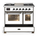 ILVE Majestic III 40-inch Dual Fuel Range with 6 Natural Gas Burner, Griddle and Triple Glass Door Electric Oven in White with Burnished Trim (UMD40FNR3WHB)