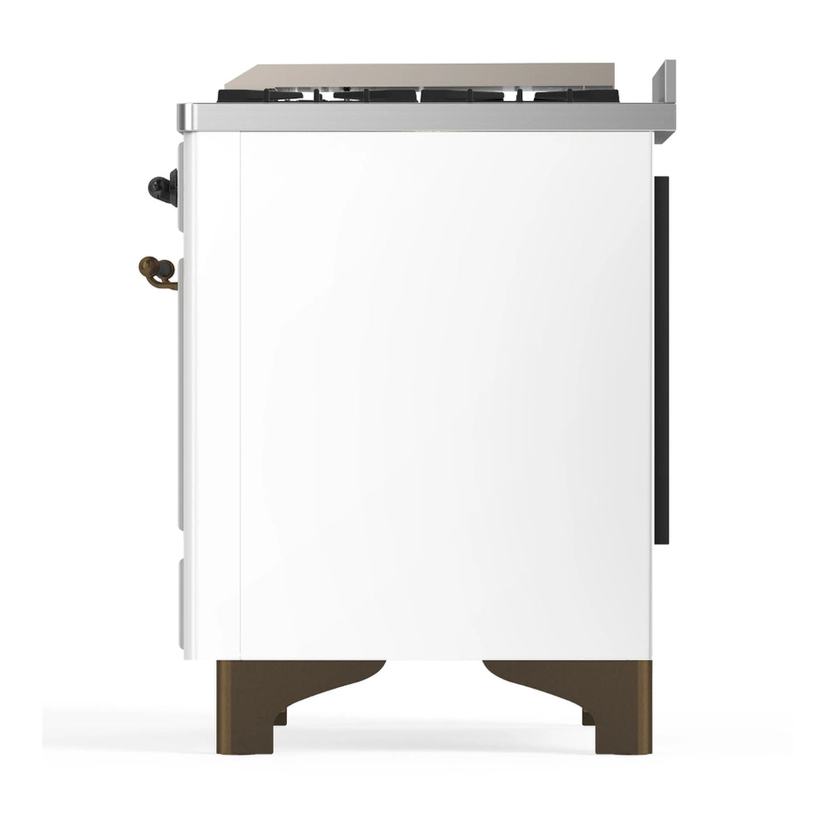 White dual fuel range side view with bronze handles and side panel