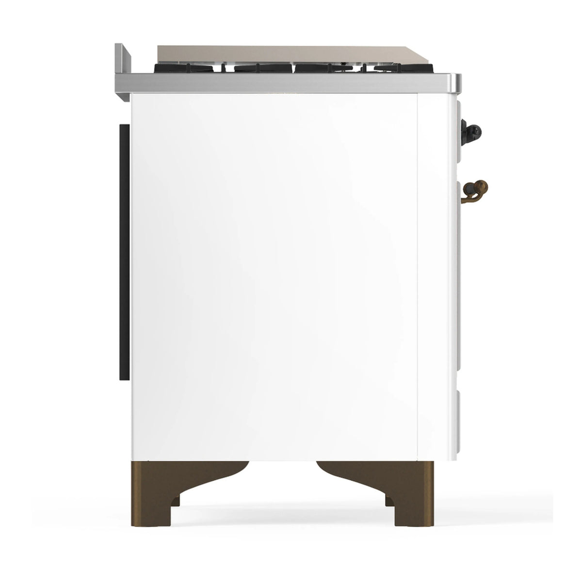 White dual fuel range rear side view with bronze feet and side handle
