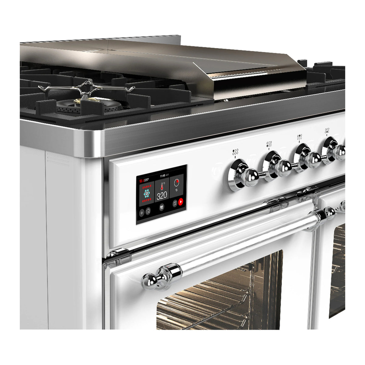 ILVE dual fuel range close-up of control display, chrome knobs, and oven window