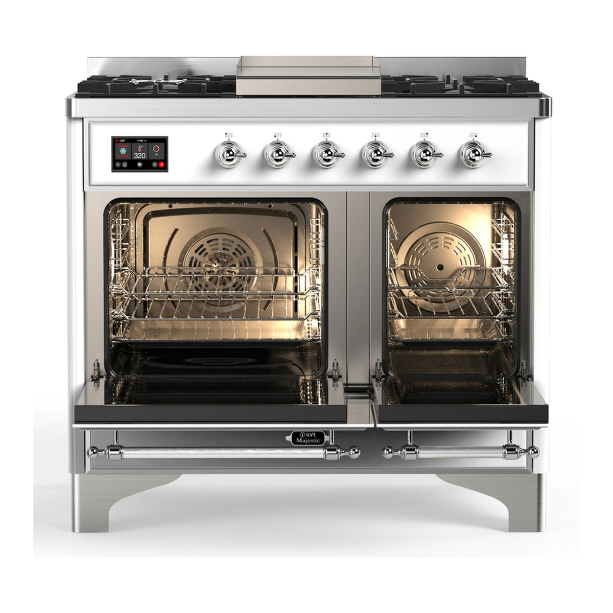 ILVE white dual fuel range with two open glass ovens and chrome control panel