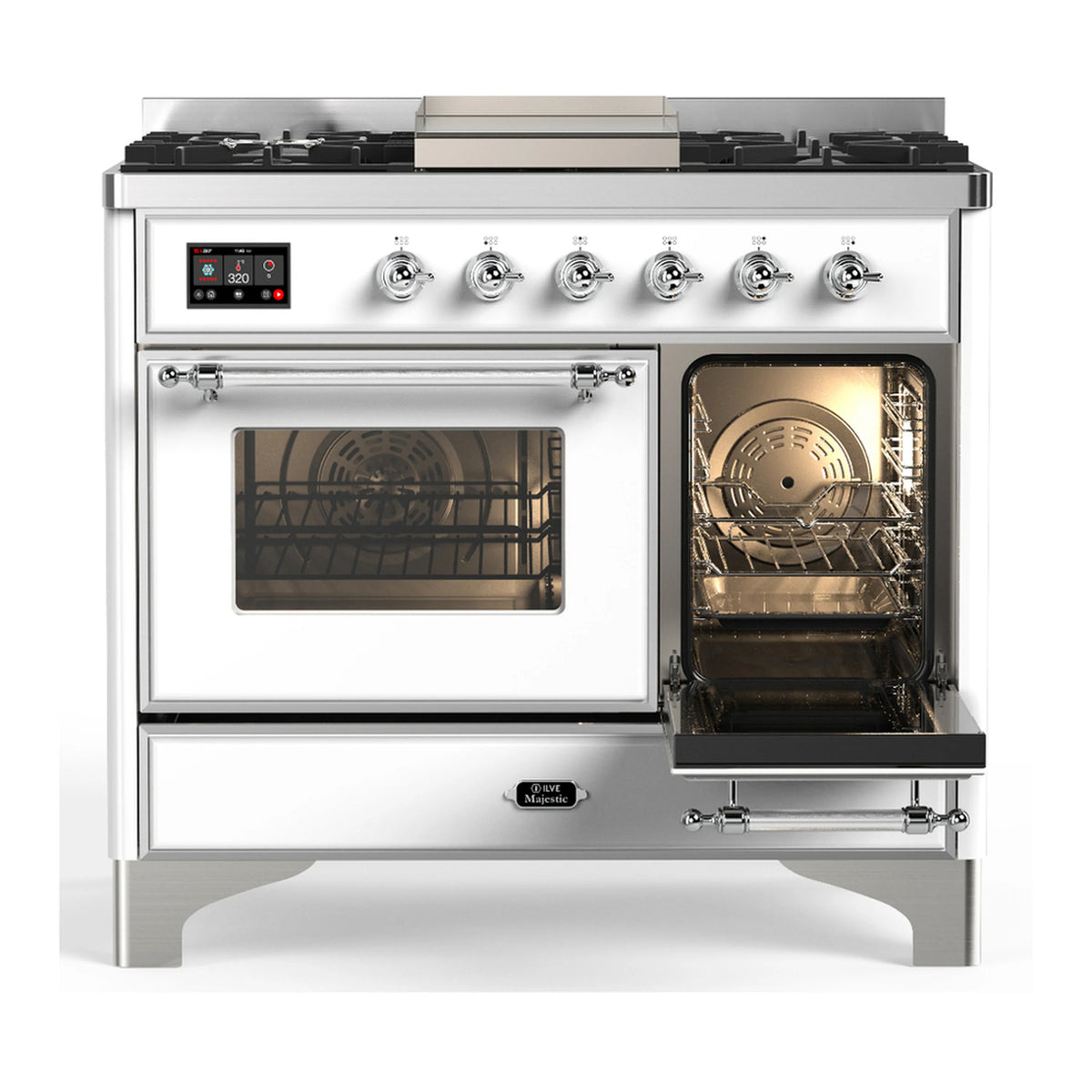 ILVE white dual fuel range with right oven door open and left oven window visible
