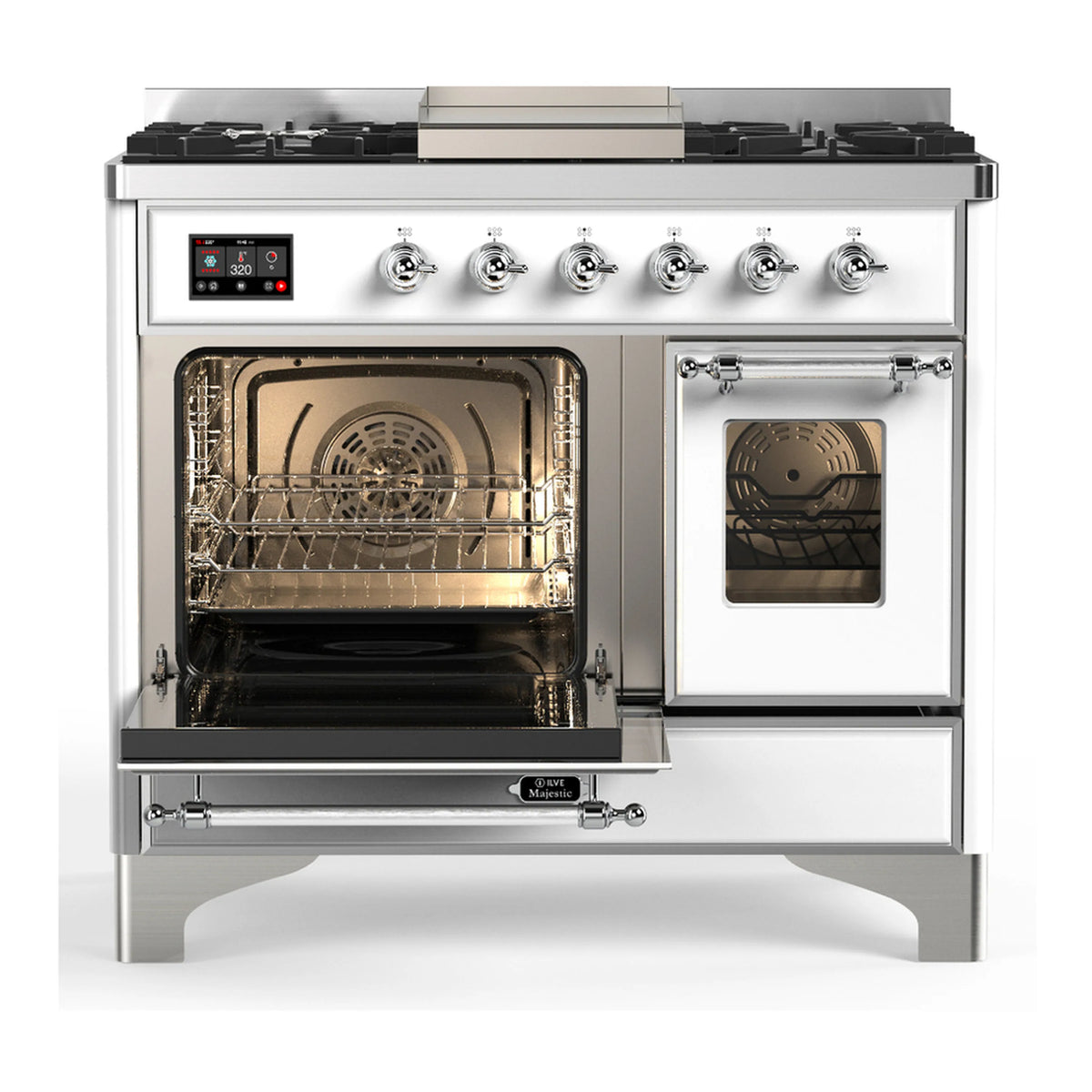 ILVE white dual fuel range with both oven doors open, racks visible inside