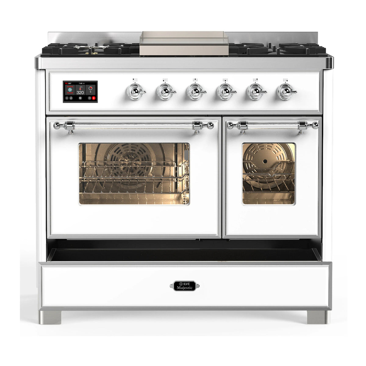 ILVE white dual fuel range with two oven doors open and interior lights on