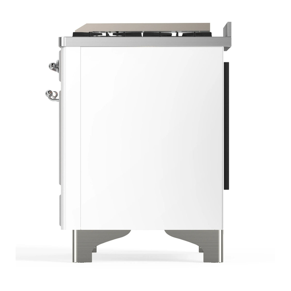 ILVE white dual fuel range side panel view with chrome feet and control knobs