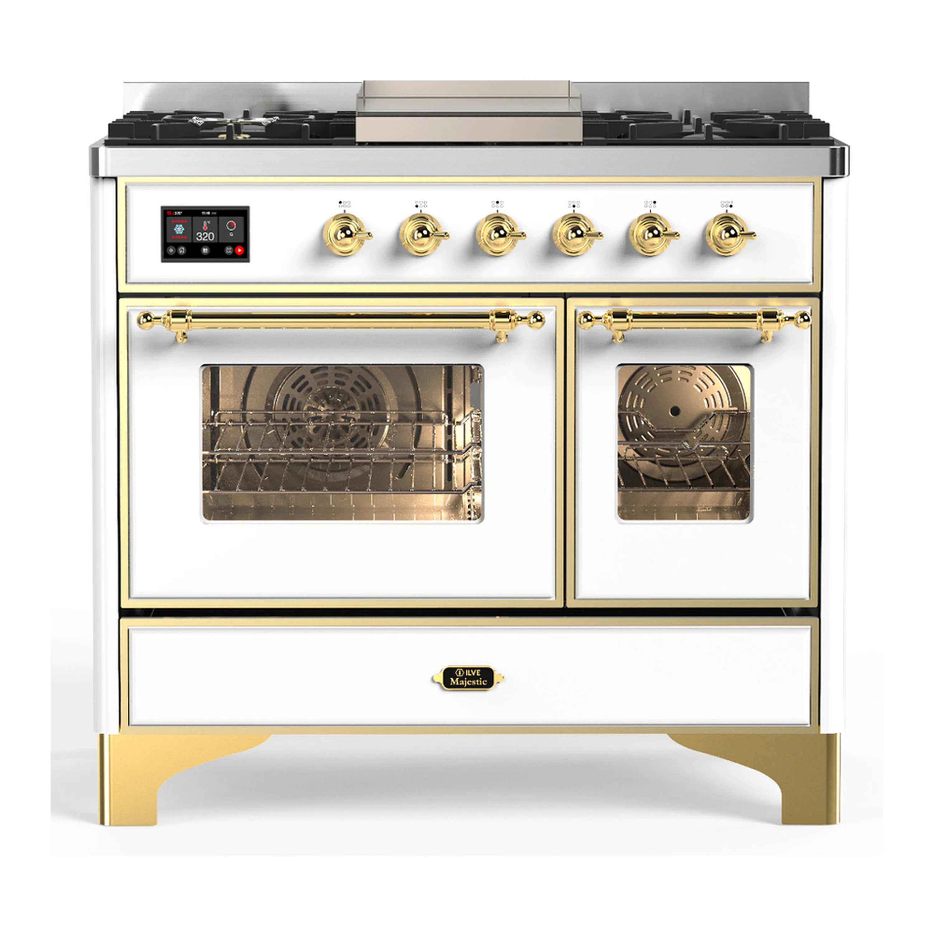 White dual fuel range with brass trim; double oven glass doors and control panel with knobs