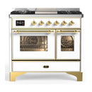 ILVE Majestic III 40-inch Dual Fuel Range with 6 Natural Gas Burner, Griddle and Triple Glass Door Electric Oven in White with Brass Trim (UMD40FNR3WHG)