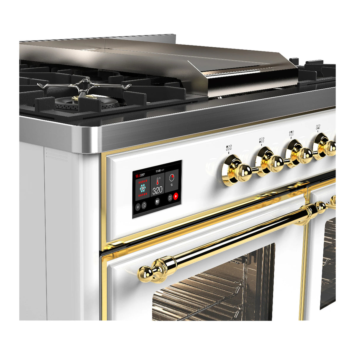 White dual fuel range with brass trim, brass knobs, and control display over natural gas burners