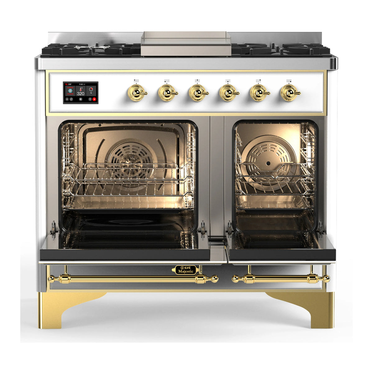 White dual fuel range with brass trim; both oven doors open showing racks and interior walls
