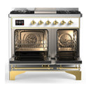 ILVE Majestic III 40-inch Dual Fuel Range with 6 Natural Gas Burner, Griddle and Triple Glass Door Electric Oven in White with Brass Trim (UMD40FNR3WHG)